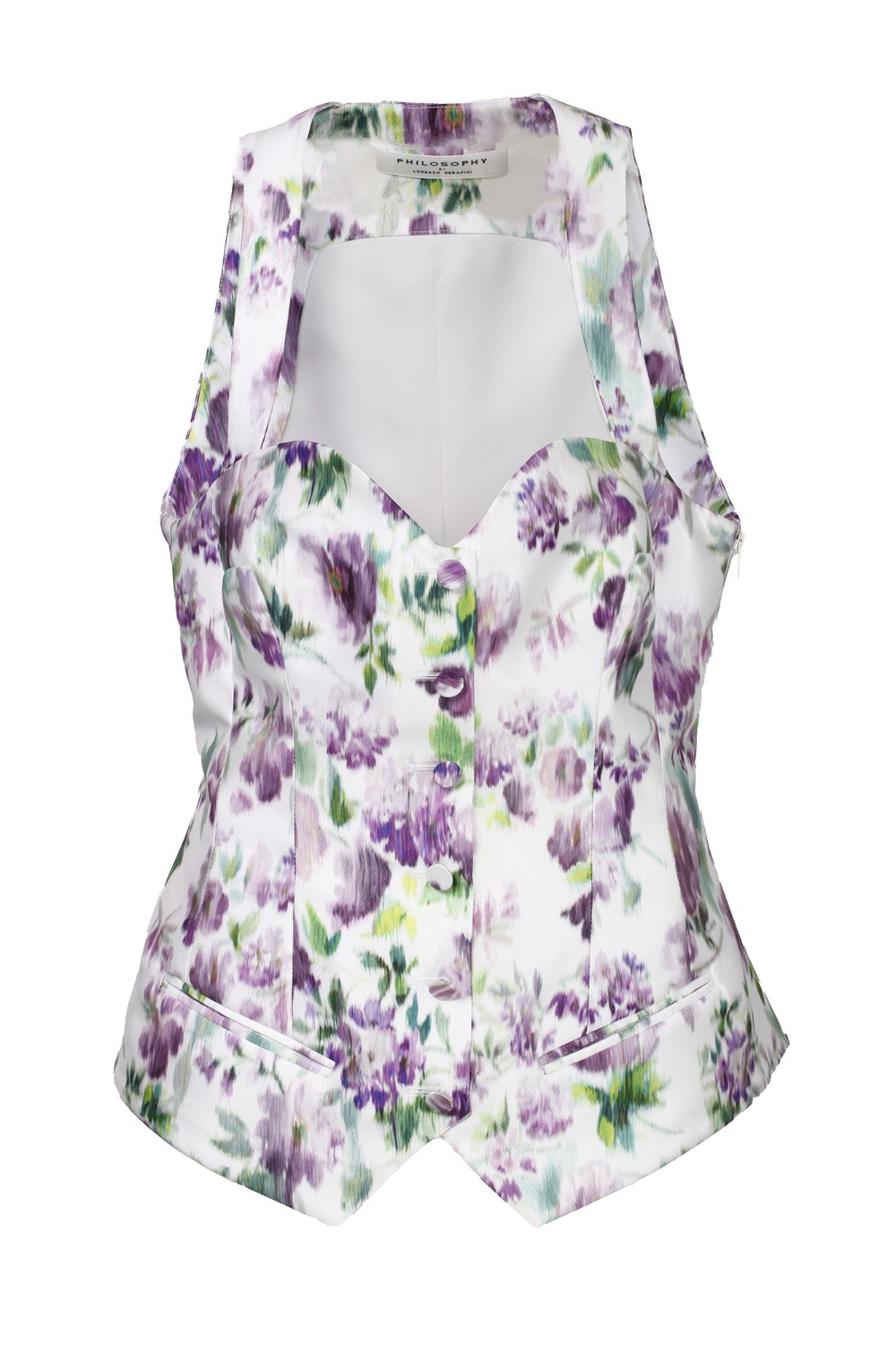 shop PHILOSOPHY Saldi Top: Philosophy top in radzmir con stampa fiori.
Fantasia floreale.
Bottoni ricamati sul fronte.
Scollo a cuore.
Senza maniche.
Chiusura posteriore con zip.
Foderato.
Composizione: 100% Poliestere. 
Fabbricato in Ungheria.. 0803 0735-A1268GLICINE number 5451903